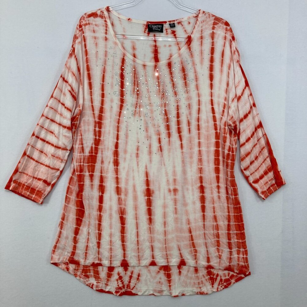 Onque Casuals size XL Red White Tie Dye Embellished Stretch Knit Blouse‎